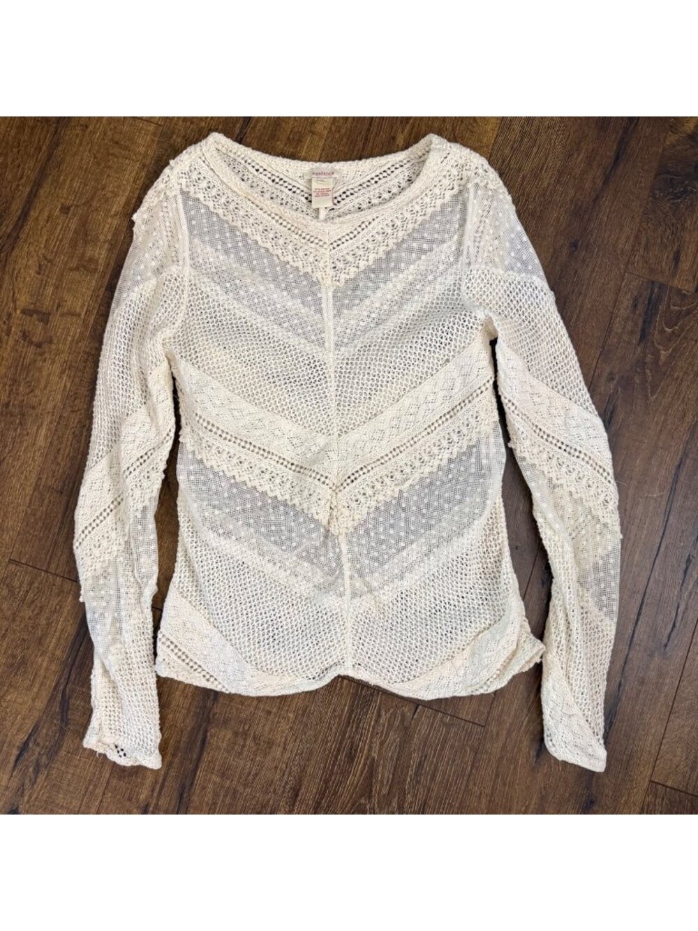 Sundance Sheer Lace for Days Ivory Crochet Long Sleeve Boho Top Size S